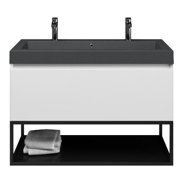 Texel Domburg/Veere/Cadzand-Q badmeubel 100x46 1 softclose lade wit hoogglans greeploos quartz wastafel mat grijs met 2 kraangaten met mat zwart metalen frame