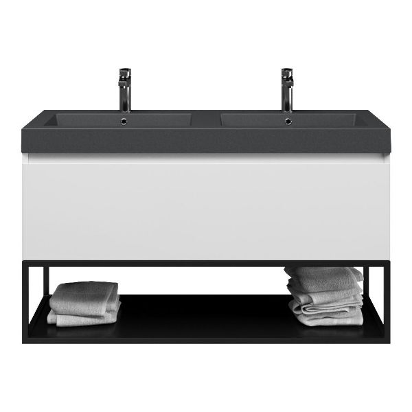 Texel Domburg/Veere/Cadzand-Q badmeubel 120x46 1 softclose lade wit hoogglans greeploos quartz wastafel dubbel mat grijs met 2 kraangaten met mat zwart metalen frame