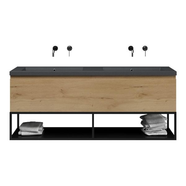 Texel Domburg/Veere/Cadzand-Q badmeubel 160x46 2 softclose laden eiken natuur greeploos quartz dubbele wastafel mat grijs zonder kraangaten met mat zwart metalen frame