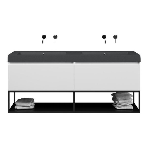 Texel Domburg/Veere/Cadzand-Q badmeubel 160x46 2 softclose laden hoogglans wit greeploos quartz dubbele wastafel mat grijs zonder kraangaten met mat zwart metalen frame