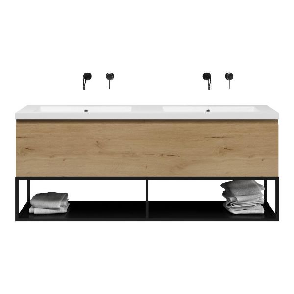 Texel Domburg/Veere/Cadzand-Q badmeubel 160x46 2 softclose laden eiken natuur greeploos quartz dubbele wastafel mat wit zonder kraangaten met mat zwart metalen frame