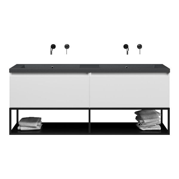 Texel Domburg/Veere/Cadzand-Q badmeubel 160x46 2 softclose laden hoogglans wit greeploos quartz dubbele wastafel mat grijs zonder kraangaten met mat zwart metalen frame