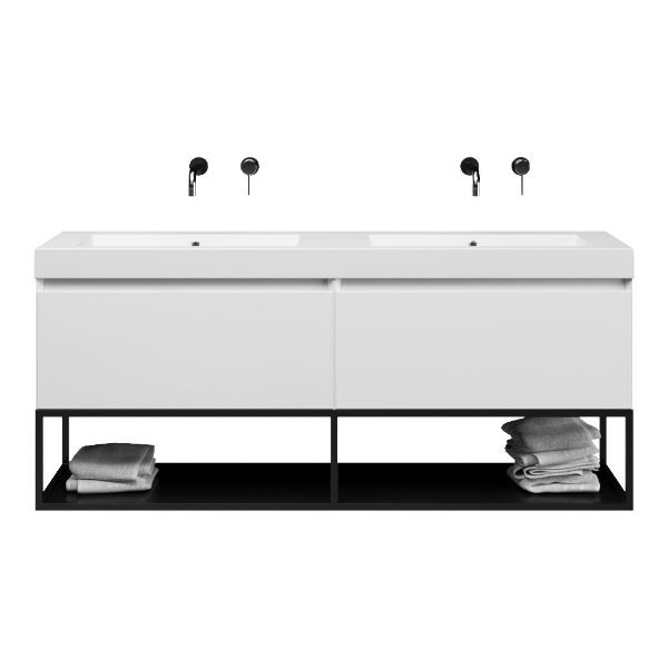 Texel Domburg/Veere/Cadzand-Q badmeubel 160x46 2 softclose laden hoogglans wit greeploos quartz dubbele wastafel mat wit zonder kraangaten met mat zwart metalen frame