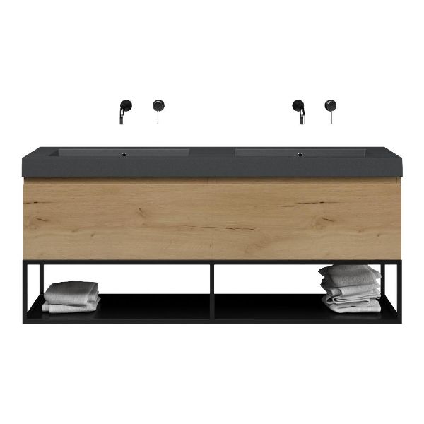 Texel Domburg/Veere/Cadzand-Q badmeubel 160x46 2 softclose laden eiken natuur greeploos quartz dubbele wastafel mat grijs zonder kraangaten met mat zwart metalen frame