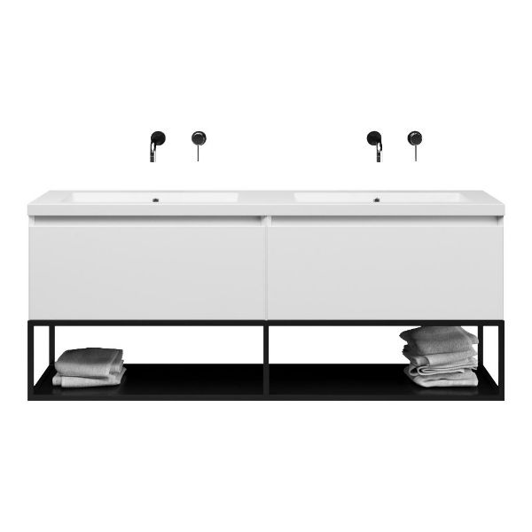 Texel Domburg/Veere/Cadzand-Q badmeubel 160x46 2 softclose laden hoogglans wit greeploos quartz dubbele wastafel mat wit zonder kraangaten met mat zwart metalen frame