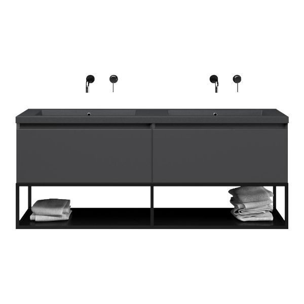 Texel Domburg/Veere/Cadzand-Q badmeubel 160x46 2 softclose laden mat antraciet greeploos quartz dubbele wastafel mat grijs zonder kraangaten met mat zwart metalen frame