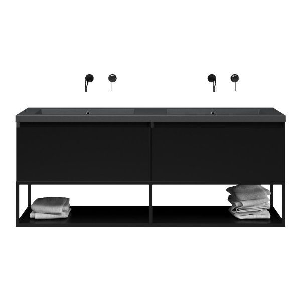 Texel Domburg/Veere/Cadzand-Q badmeubel 160x46 2 softclose laden mat zwart greeploos quartz dubbele wastafel mat grijs zonder kraangaten met mat zwart metalen frame