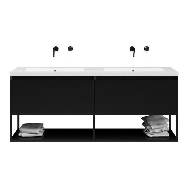 Texel Domburg/Veere/Cadzand-Q badmeubel 160x46 2 softclose laden mat zwart greeploos quartz dubbele wastafel mat wit zonder kraangaten met mat zwart metalen frame