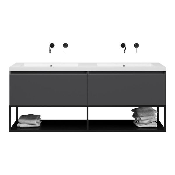 Texel Domburg/Veere/Cadzand-Q badmeubel 160x46 2 softclose laden mat antraciet greeploos quartz dubbele wastafel mat wit zonder kraangaten met mat zwart metalen frame