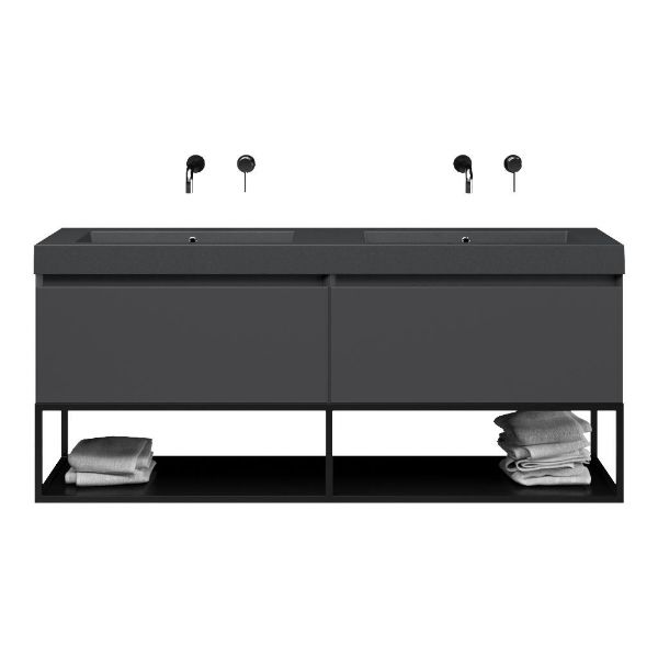 Texel Domburg/Veere/Cadzand-Q badmeubel 160x46 2 softclose laden mat antraciet greeploos quartz dubbele wastafel mat grijs zonder kraangaten met mat zwart metalen frame