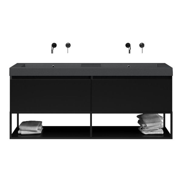 Texel Domburg/Veere/Cadzand-Q badmeubel 160x46 2 softclose laden mat zwart greeploos quartz dubbele wastafel mat grijs zonder kraangaten met mat zwart metalen frame