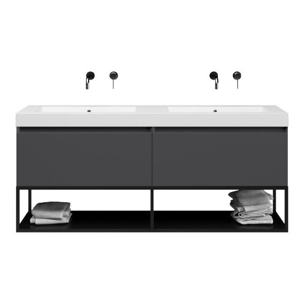 Texel Domburg/Veere/Cadzand-Q badmeubel 160x46 2 softclose laden mat antraciet greeploos quartz dubbele wastafel mat wit zonder kraangaten met mat zwart metalen frame