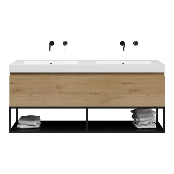 Texel Domburg/Veere/Cadzand-Q badmeubel 160x46 2 softclose laden eiken natuur greeploos quartz dubbele wastafel mat wit zonder kraangaten met mat zwart metalen frame