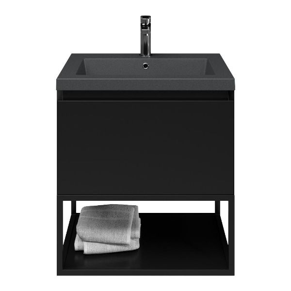 Texel Domburg/Veere/Cadzand-Q badmeubel 60x46 1 softclose lade zwart mat greeploos quartz wastafel mat grijs met 1 kraangat met mat zwart metalen frame