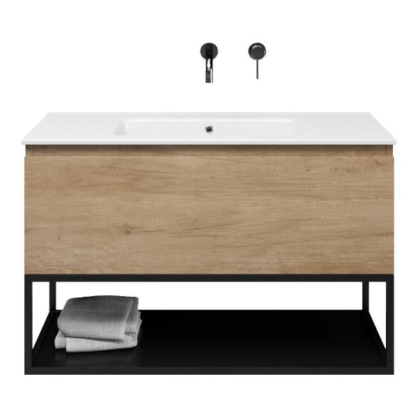 Texel Domburg/Veere/Callantsoog badmeubel 100x46 1 softclose lade olm greeploos keramische wastafel wit zonder kraangaten met mat zwart metalen frame