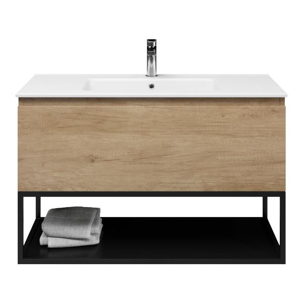 Texel Domburg/Veere/Callantsoog badmeubel 100x46 1 softclose lade olm greeploos keramische wastafel wit met 1 kraangat met mat zwart metalen frame