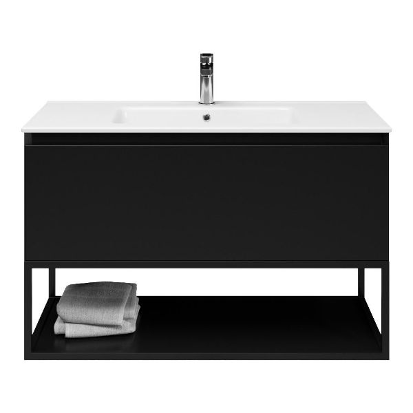 Texel Domburg/Veere/Callantsoog badmeubel 100x46 1 softclose lade zwart mat greeploos keramische wastafel wit met 1 kraangat met mat zwart metalen frame