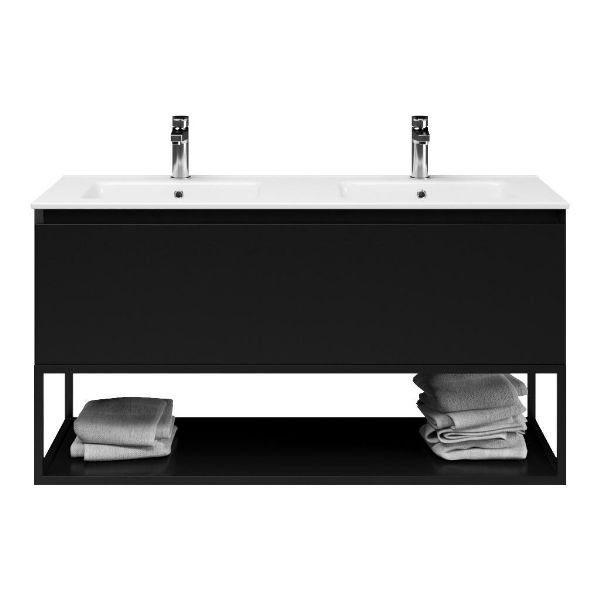Texel Domburg/Veere/Callantsoog badmeubel 120x46 1 softclose lade zwart mat greeploos keramische wastafel dubbel wit met 2 kraangaten met mat zwart metalen frame