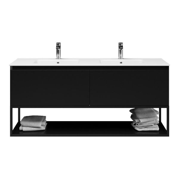 Texel Domburg/Veere/Callantsoog badmeubel 140x46 2 softclose laden zwart mat greeploos keramische wastafel dubbel wit met 2 kraangaten met mat zwart metalen frame