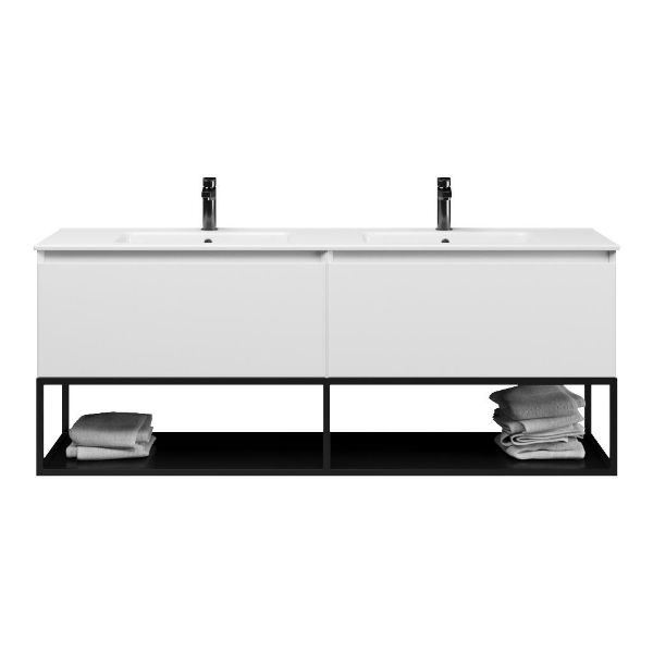 Texel Domburg/Veere/Callantsoog badmeubel 160x46 2 softclose laden mat wit greeploos keramiek dubbele wastafel wit met 2 kraangaten met mat zwart metalen frame