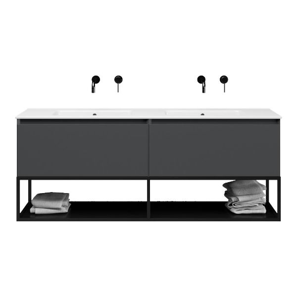 Texel Domburg/Veere/Callantsoog badmeubel 160x46 2 softclose laden mat antraciet greeploos keramiek dubbele wastafel wit zonder kraangaten met mat zwart metalen frame