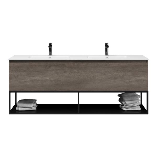 Texel Domburg/Veere/Callantsoog badmeubel 160x46 2 softclose laden olm donker grijs greeploos keramiek dubbele wastafel wit 2 kraangaten met mat zwart metalen frame