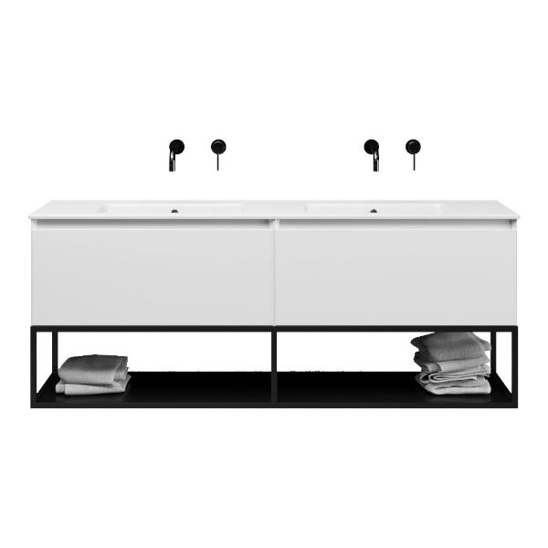 Texel Domburg/Veere/Callantsoog badmeubel 160x46 2 softclose laden hoogglans wit greeploos keramiek dubbele wastafel wit zonder kraangaten met mat zwart metalen frame
