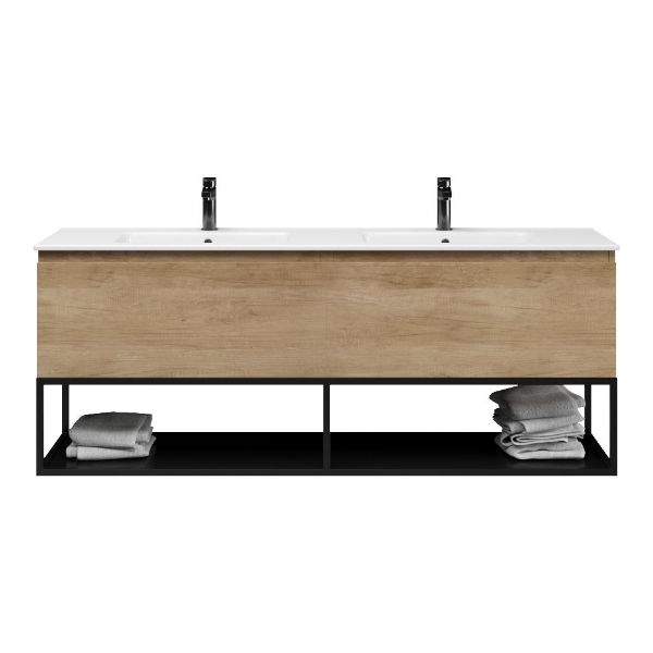 Texel Domburg/Veere/Callantsoog badmeubel 160x46 2 softclose laden olm greeploos keramiek dubbele wastafel wit 2 kraangaten met mat zwart metalen frame