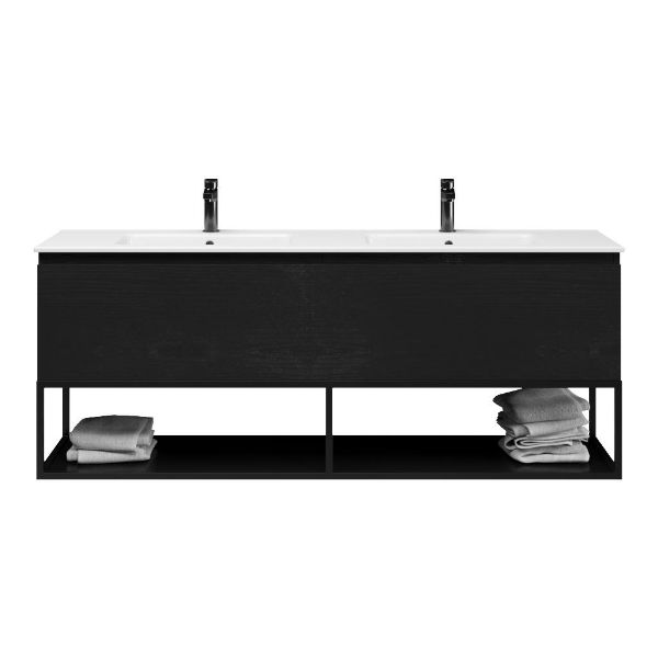 Texel Domburg/Veere/Callantsoog badmeubel 160x46 2 softclose laden mat zwart eiken greeploos keramiek dubbele wastafel wit 2 kraangaten met mat zwart metalen frame