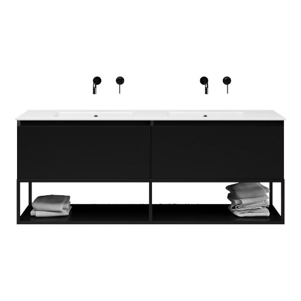 Texel Domburg/Veere/Callantsoog badmeubel 160x46 2 softclose laden mat zwart greeploos keramiek dubbele wastafel wit zonder kraangaten met mat zwart metalen frame
