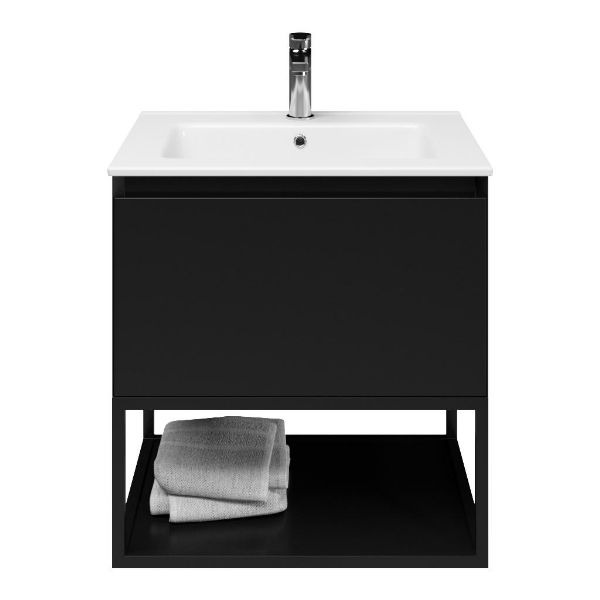 Texel Domburg/Veere/Callantsoog badmeubel 60x46 1 softclose lade zwart mat greeploos keramische wastafel wit met 1 kraangat met mat zwart metalen frame