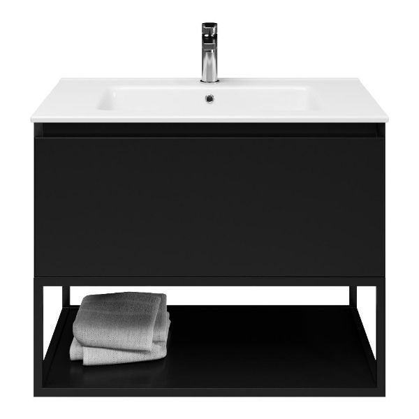 Texel Domburg/Veere/Callantsoog badmeubel 80x46 1 softclose lade zwart mat greeploos keramische wastafel wit met 1 kraangat met mat zwart metalen frame