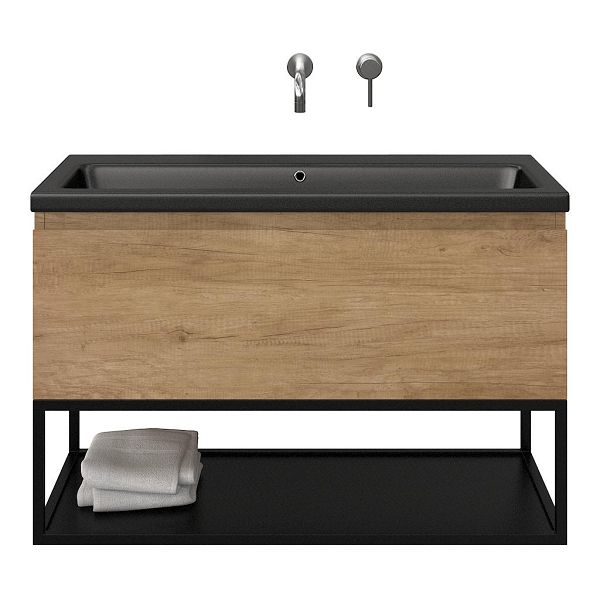 Texel Domburg/Veere/Dishoek badmeubel 100x46 1 softclose lade olm greeploos keramische wastafel zwart mat zonder kraangaten met mat zwart metalen frame
