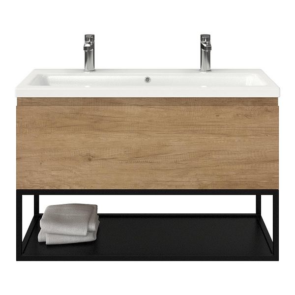 Texel Domburg/Veere/Dishoek badmeubel 100x46 1 softclose lade olm greeploos keramische wastafel wit glans met 2 kraangaten met mat zwart metalen frame