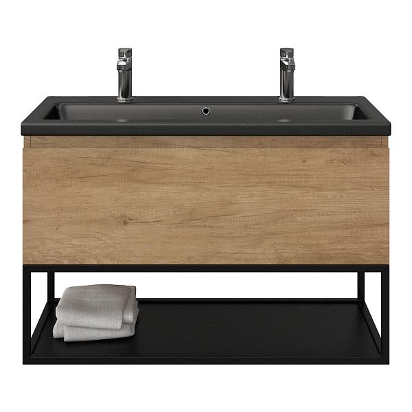 Texel Domburg/Veere/Dishoek badmeubel 100x46 1 softclose lade olm greeploos keramische wastafel zwart mat met 2 kraangaten met mat zwart metalen frame