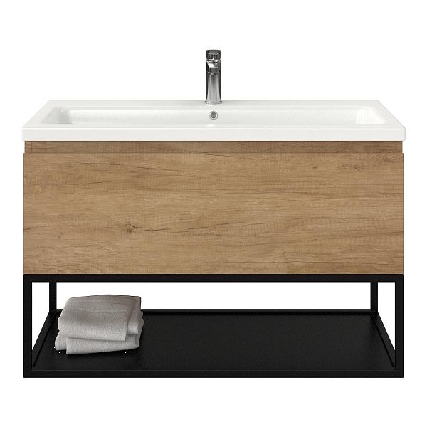 Texel Domburg/Veere/Dishoek badmeubel 100x46 1 softclose lade olm greeploos keramische wastafel wit glans met 1 kraangat met mat zwart metalen frame