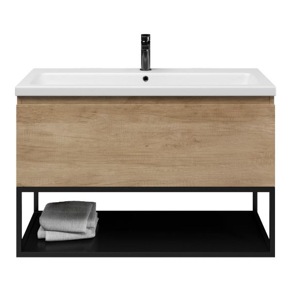 Texel Domburg/Veere/Dishoek badmeubel 100x46 1 softclose lade olm greeploos keramische wastafel wit mat met 1 kraangat met mat zwart metalen frame