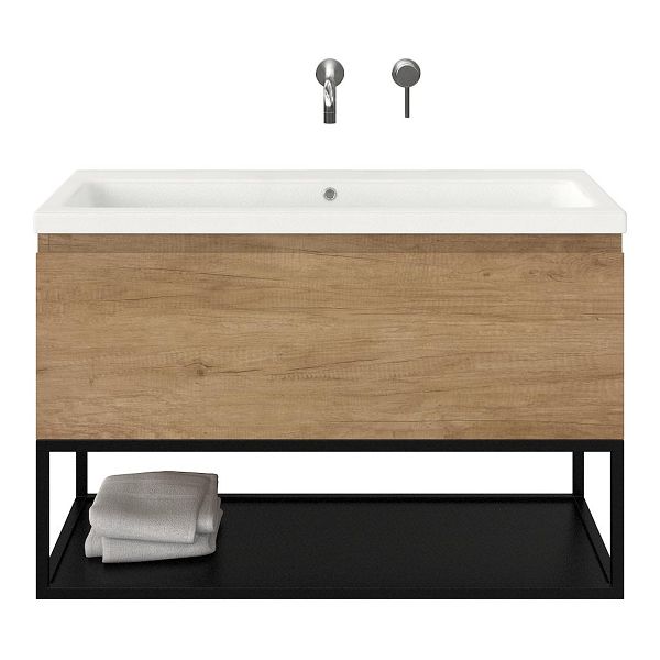 Texel Domburg/Veere/Dishoek badmeubel 100x46 1 softclose lade olm greeploos keramische wastafel wit mat zonder kraangaten met mat zwart metalen frame
