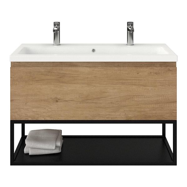 Texel Domburg/Veere/Dishoek badmeubel 100x46 1 softclose lade olm greeploos keramische wastafel wit mat met 2 kraangaten met mat zwart metalen frame