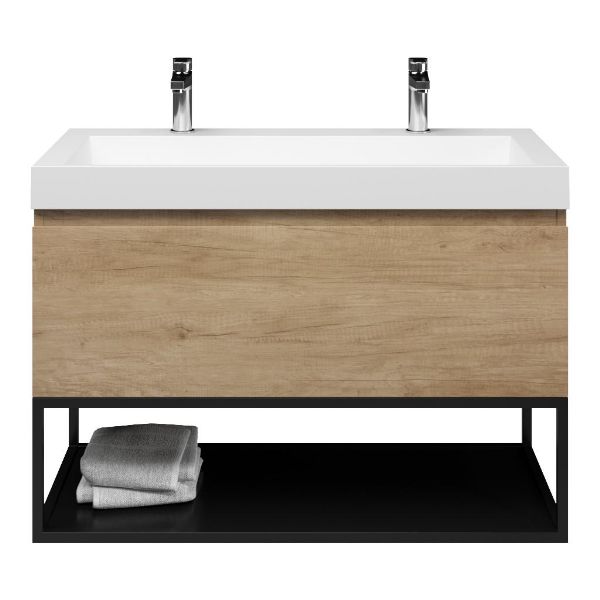 Texel Domburg/Veere/Haamstede badmeubel 100x46 1 softclose lade olm greeploos polystone wastafel mat wit met 2 kraangaten met mat zwart metalen frame