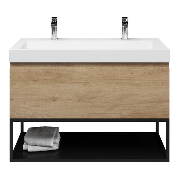 Texel Domburg/Veere/Haamstede badmeubel 100x46 1 softclose lade olm greeploos polystone wastafel wit met 2 kraangaten met mat zwart metalen frame