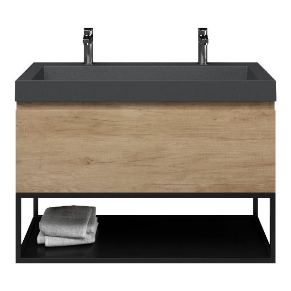 Texel Domburg/Veere/Haamstede badmeubel 100x46 1 softclose lade olm greeploos polystone wastafel mat grijs met 2 kraangaten met mat zwart metalen frame