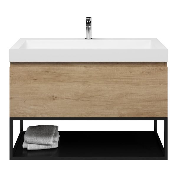 Texel Domburg/Veere/Haamstede badmeubel 100x46 1 softclose lade olm greeploos polystone wastafel wit met 1 kraangat met mat zwart metalen frame