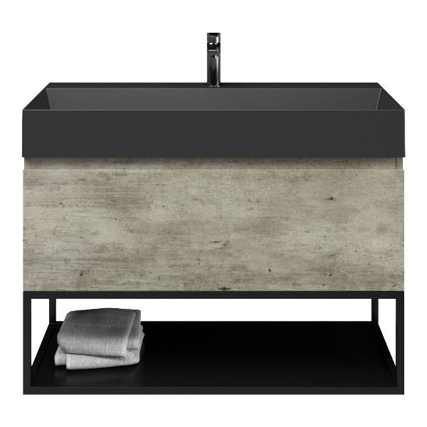 Texel Domburg/Veere/Marken badmeubel 100x46 1 softclose lade steigerhout look grijs greeploos keramische wastafel zwart mat met 1 kraangat met mat zwart metalen frame
