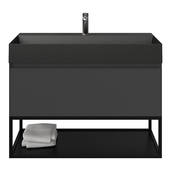 Texel Domburg/Veere/Marken badmeubel 100x46 1 softclose lade antraciet mat greeploos keramische wastafel zwart mat met 1 kraangat met mat zwart metalen frame