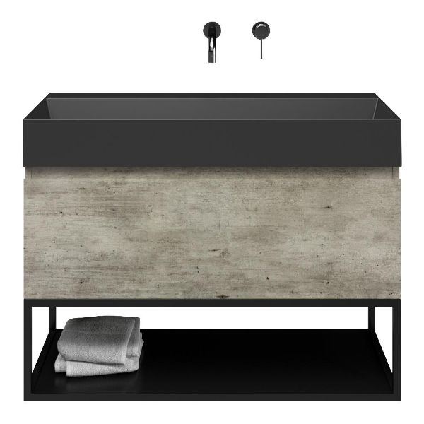 Texel Domburg/Veere/Marken badmeubel 100x46 1 softclose lade steigerhout look grijs greeploos keramische wastafel zwart mat zonder kraangaten met mat zwart metalen frame