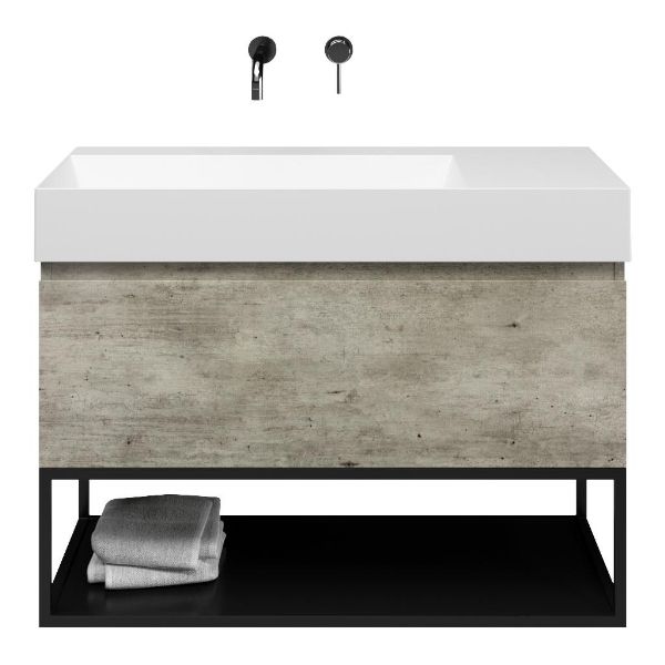 Texel Domburg/Veere/Marken badmeubel 100x46 1 softclose lade steigerhout look grijs greeploos keramische wastafel links wit mat zonder kraangaten met mat zwart metalen frame