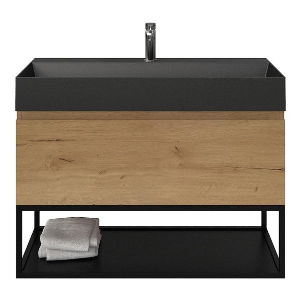 Texel Domburg/Veere/Marken badmeubel 100x46 1 softclose lade eiken natuur greeploos keramische wastafel zwart mat met 1 kraangat met mat zwart metalen frame