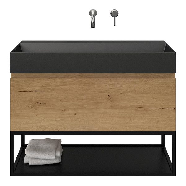 Texel Domburg/Veere/Marken badmeubel 100x46 1 softclose lade eiken natuur greeploos keramische wastafel zwart mat zonder kraangaten met mat zwart metalen frame