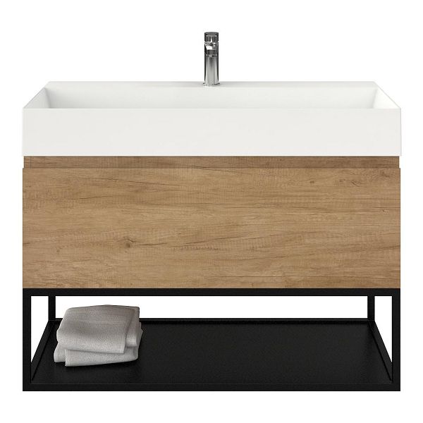 Texel Domburg/Veere/Marken badmeubel 100x46 1 softclose lade olm greeploos keramische wastafel wit glans met 1 kraangat met mat zwart metalen frame